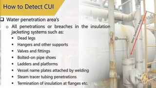  Water penetration area’s
How to Detect CUI
o All penetrations or breaches in the insulation
jacketing systems such as:
 Dead legs
 Hangers and other supports
 Valves and fittings
 Bolted-on pipe shoes
 Ladders and platforms
 Vessel name plates attached by welding
 Steam tracer tubing penetrations
 Termination of insulation at flanges etc.
 