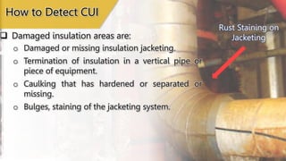 Damaged Insulation Area
Missing Jacketing
Rust Staining on
Jacketing
 Damaged insulation areas are:
How to Detect CUI
o Damaged or missing insulation jacketing.
o Termination of insulation in a vertical pipe or
piece of equipment.
o Caulking that has hardened or separated or
missing.
o Bulges, staining of the jacketing system.
 
