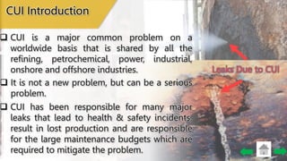 Leaks Due to CUI
CUI Introduction
 It is not a new problem, but can be a serious
problem.
 CUI is a major common problem on a
worldwide basis that is shared by all the
refining, petrochemical, power, industrial,
onshore and offshore industries.
 CUI has been responsible for many major
leaks that lead to health & safety incidents,
result in lost production and are responsible
for the large maintenance budgets which are
required to mitigate the problem.
 