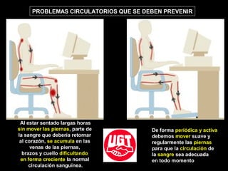 Al estar sentado largas horas
sin mover las piernas, parte de
la sangre que debería retornar
al corazón, se acumula en las
venas de las piernas,
brazos y cuello dificultando
en forma creciente la normal
circulación sanguínea.
De forma periódica y activa
debemos mover suave y
regularmente las piernas
para que la circulación de
la sangre sea adecuada
en todo momento
PROBLEMAS CIRCULATORIOS QUE SE DEBEN PREVENIR
 