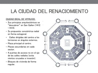CIUDAD IDEAL DE VITRUVIO.
 Sus principios arquitectónicos se
“descubren” en San Gallen (1412
-1414).
 Su propuesta: concéntrica radial
en forma octogonal.
 Calles dirigidas del centro a los
torreones en ángulos externos.
 Plaza principal al centro.
 Plazas secundarias en cada
sector.
 4 puertas de acceso no en el eje
de las calles radiales (evita
vientos cruzados e invasión).
 Bloques de vivienda de forma
regular.
LA CIUDAD DEL RENACIOMIENTO
 