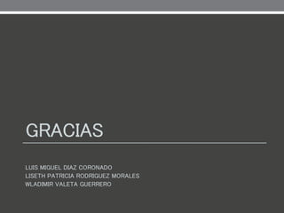 GRACIAS
LUIS MIGUEL DIAZ CORONADO
LISETH PATRICIA RODRIGUEZ MORALES
WLADIMIR VALETA GUERRERO
 
