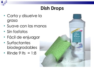 Corta y disuelve la grasa Suave con las manos Sin fosfatos Fácil de enjuagar Surfactantes biodegradables Rinde 9 lts  = 1:8 Dish Drops 