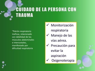 “Patrón respiratorio
ineficaz, relacionado
con debilidad de los
músculos abdominales
e intercostales,
manifestado por
dificultad respiratoria
 Monitorización
respiratoria
 Manejo de las
vías aérea.
 Precaución para
evitar la
aspiración
 Oxigenoterapia
 