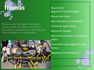 Resucitación
Regulación hemodinámica
Manejo del shock
Administración de medicación
Control de signos vitales
Manejo de líquidos
Punción Intravenosa: 2 vías grueso
calibre.
Control de hemorragias (si es que
existen)
Regulación hemodinámica
 