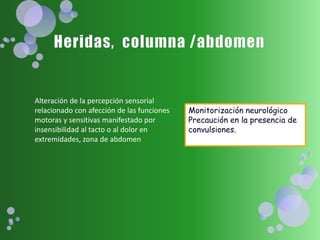 Alteración de la percepción sensorial
relacionado con afección de las funciones
motoras y sensitivas manifestado por
insensibilidad al tacto o al dolor en
extremidades, zona de abdomen
Monitorización neurológico
Precaución en la presencia de
convulsiones.
 