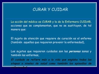 CURAR Y CUIDAR La acción del médico es CURAR y la de la Enfermera CUIDAR,  acciones que se complementan, que no se sustituyen, de tal manera que: El sujeto de atención que requiere de curación es el enfermo (también  aquellos que requieren prevenir la enfermedad),  Los sujetos que requieren cuidados son las  personas  sanas y también las enfermas,  El cuidado se refiere más a la vida que engloba todas las etapas o niveles de salud como también los episodios de enfermedad. 