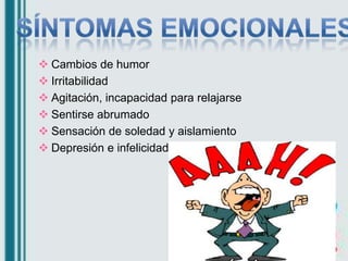  Comer de mas o de menos
 Dormir de mas o de menos
 Aislamiento del grupo social
 Irresponsabilidad
 Uso de drogas, a...