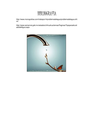 BIBLIOGRAFIA
http://www.monografias.com/trabajos14/problemadelagua/problemadelagua.sht
ml

http://www.semarnat.gob.mx/estados/chihuahua/temas/Paginas/Tipsparaelcuid
adodelAgua.aspx
 