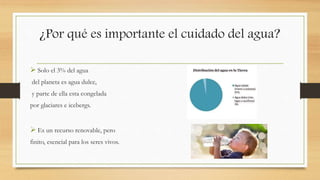 ¿Por qué es importante el cuidado del agua?
 Solo el 3% del agua
del planeta es agua dulce,
y parte de ella esta congelada
por glaciares e icebergs.
 Es un recurso renovable, pero
finito, esencial para los seres vivos.
 