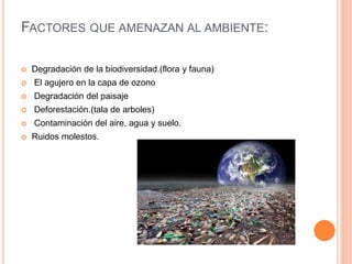 FACTORES QUE AMENAZAN AL AMBIENTE:
 Degradación de la biodiversidad.(flora y fauna)
 El agujero en la capa de ozono
 Degradación del paisaje
 Deforestación.(tala de arboles)
 Contaminación del aire, agua y suelo.
 Ruidos molestos.
 