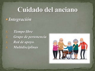  Integración
1. Tiempo libre
2. Grupo de pertenencia
3. Red de apoyo.
4. Multidisciplinas
 