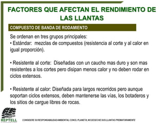 FACTORES QUE AFECTAN EL RENDIMIENTO DE
             LAS LLANTAS
COMPUESTO DE BANDA DE RODAMIENTO
Se ordenan en tres grupos principales:
• Estándar: mezclas de compuestos (resistencia al corte y al calor en
igual proporción).

• Resistente al corte: Diseñadas con un caucho mas duro y son mas
resistentes a los cortes pero disipan menos calor y no deben rodar en
ciclos extensos.

• Resistente al calor: Diseñada para largos recorridos pero aunque
soportan ciclos extensos, deben mantenerse las vías, los botaderos y
los sitios de cargue libres de rocas.
 