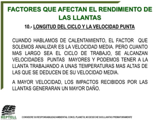 FACTORES QUE AFECTAN EL RENDIMIENTO DE
             LAS LLANTAS
     10.- LONGITUD DEL CICLO Y LA VELOCIDAD PUNTA

 CUANDO HABLAMOS DE CALENTAMIENTO, EL FACTOR QUE
 SOLEMOS ANALIZAR ES LA VELOCIDAD MEDIA. PERO CUANTO
 MAS LARGO SEA EL CICLO DE TRABAJO, SE ALCANZAN
 VELOCIDADES PUNTAS MAYORES Y PODEMOS TENER A LA
 LLANTA TRABAJANDO A UNAS TEMPERATURAS MAS ALTAS DE
 LAS QUE SE DEDUCEN DE SU VELOCIDAD MEDIA.
 A MAYOR VELOCIDAD, LOS IMPACTOS RECIBIDOS POR LAS
 LLANTAS GENERARAN UN MAYOR DAÑO.
 
