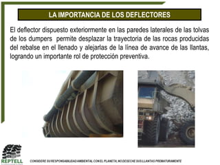 LA IMPORTANCIA DE LOS DEFLECTORES

El deflector dispuesto exteriormente en las paredes laterales de las tolvas
de los dumpers permite desplazar la trayectoria de las rocas producidas
del rebalse en el llenado y alejarlas de la línea de avance de las llantas,
logrando un importante rol de protección preventiva.
 