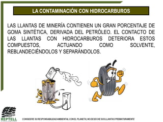 LA CONTAMINACIÓN CON HIDROCARBUROS

LAS LLANTAS DE MINERÍA CONTIENEN UN GRAN PORCENTAJE DE
GOMA SINTÉTICA, DERIVADA DEL PETRÓLEO. EL CONTACTO DE
LAS LLANTAS CON HIDROCARBUROS DETERIORA ESTOS
COMPUESTOS,        ACTUANDO       COMO       SOLVENTE,
REBLANDECIÉNDOLOS Y SEPARÁNDOLOS.
 