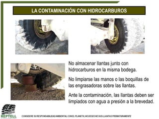 LA CONTAMINACIÓN CON HIDROCARBUROS




             No almacenar llantas junto con
             hidrocarburos en la misma bodega.
             No limpiarse las manos o las boquillas de
             las engrasadoras sobre las llantas.
             Ante la contaminación, las llantas deben ser
             limpiados con agua a presión a la brevedad.
 