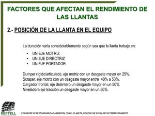 FACTORES QUE AFECTAN EL RENDIMIENTO DE
             LAS LLANTAS

2.- POSICIÓN DE LA LLANTA EN EL EQUIPO

     La duración varía considerablemente según sea que la llanta trabaje en:
       • UN EJE MOTRIZ
       • UN EJE DIRECTRIZ
       • UN EJE PORTADOR

     Dumper rígido/articulado, eje motriz con un desgaste mayor en 25%.
     Scraper, eje motriz con un desgaste mayor entre 40% a 50%.
     Cargador frontal, eje delantero un desgaste mayor en un 50%.
     Niveladora eje tracción un desgaste mayor en un 50%.
 