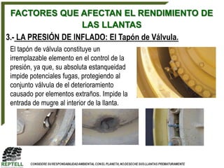 FACTORES QUE AFECTAN EL RENDIMIENTO DE
                    LAS LLANTAS
3.- LA PRESIÓN DE INFLADO: El Tapón de Válvula.
El tapón de válvula constituye un
irremplazable elemento en el control de la
presión, ya que, su absoluta estanqueidad
impide potenciales fugas, protegiendo al
conjunto válvula de el deterioramiento
causado por elementos extraños. Impide la
entrada de mugre al interior de la llanta.
 