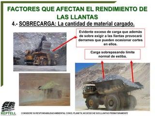 FACTORES QUE AFECTAN EL RENDIMIENTO DE
                LAS LLANTAS
 4.- SOBRECARGA: La cantidad de material cargado.
                        Evidente exceso de carga que además
                        de sobre exigir a las llantas provocará
                        derrames que pueden ocasionar cortes
                                       en ellos.

                               Carga sobrepasando límite
                                   normal de estiba.
 