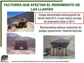 FACTORES QUE AFECTAN EL RENDIMIENTO DE
             LAS LLANTAS
                  Cargas descentradas sobrecargando las
                llantas hasta 40 %, lo que implica una baja
                       de rendimiento hasta un 50 %.

                  Recomendamos efectuar mediciones de
                 pesajes regularmente, mediante básculas.
 
