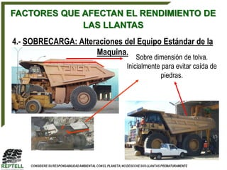 FACTORES QUE AFECTAN EL RENDIMIENTO DE
             LAS LLANTAS
4.- SOBRECARGA: Alteraciones del Equipo Estándar de la
                     Maquina.
                                  Sobre dimensión de tolva.
                              Inicialmente para evitar caída de
                                          piedras.
 