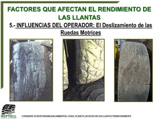 FACTORES QUE AFECTAN EL RENDIMIENTO DE
                   LAS LLANTAS
 5.- INFLUENCIAS DEL OPERADOR: El Deslizamiento de las
                    Ruedas Motrices
 