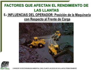 FACTORES QUE AFECTAN EL RENDIMIENTO DE
                   LAS LLANTAS
5.- INFLUENCIAS DEL OPERADOR: Posición de la Maquinaria
             con Respecto al Frente de Carga
 