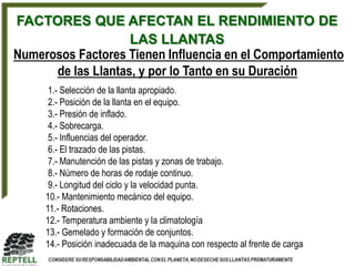 FACTORES QUE AFECTAN EL RENDIMIENTO DE
                    LAS LLANTAS
Numerosos Factores Tienen Influencia en el Comportamiento
      de las Llantas, y por lo Tanto en su Duración
      1.- Selección de la llanta apropiado.
      2.- Posición de la llanta en el equipo.
      3.- Presión de inflado.
      4.- Sobrecarga.
      5.- Influencias del operador.
      6.- El trazado de las pistas.
      7.- Manutención de las pistas y zonas de trabajo.
      8.- Número de horas de rodaje continuo.
      9.- Longitud del ciclo y la velocidad punta.
     10.- Mantenimiento mecánico del equipo.
     11.- Rotaciones.
     12.- Temperatura ambiente y la climatología
     13.- Gemelado y formación de conjuntos.
     14.- Posición inadecuada de la maquina con respecto al frente de carga
 
