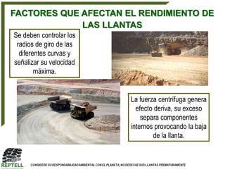 FACTORES QUE AFECTAN EL RENDIMIENTO DE
             LAS LLANTAS
Se deben controlar los
 radios de giro de las
  diferentes curvas y
señalizar su velocidad
        máxima.


                         La fuerza centrífuga genera
                           efecto deriva, su exceso
                             separa componentes
                         internos provocando la baja
                                 de la llanta.
 