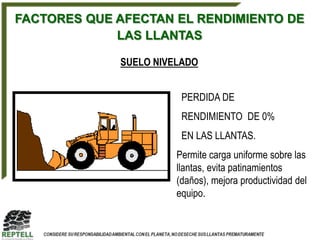 FACTORES QUE AFECTAN EL RENDIMIENTO DE
             LAS LLANTAS

             SUELO NIVELADO


                        PERDIDA DE
                        RENDIMIENTO DE 0%
                        EN LAS LLANTAS.
                       Permite carga uniforme sobre las
                       llantas, evita patinamientos
                       (daños), mejora productividad del
                       equipo.
 