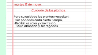 Cuidado de las plantas.
-Recibir luz solar y aire fresco.
-Tierra abonada y ser regadas.
Para su cuidado las plantas necesitan:
-Ser podadas cada cierto tiempo.
martes 17 de mayo.
 