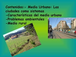 Contenidos:- Medio Urbano: Las ciudades como sistemas -Características del medio urbano -Problemas ambientales -Medio rural 