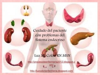 Cuidado del paciente
     con problemas del
     Sistema endocrino



     Luz M. Colón RN MSN
http://procesodeenfermeria2012.blogspot.c
                   om/

 http://luzcolonenfermeria.blogspot.com
 