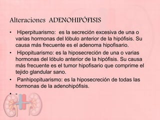 Alteraciones ADENOHIPÓFISIS
•  Hiperpituarismo: es la secreción excesiva de una o
  varias hormonas del lóbulo anterior de la hipófisis. Su
  causa más frecuente es el adenoma hipofisario.
• Hipopituarismo: es la hiposecreción de una o varias
  hormonas del lóbulo anterior de la hipófisis. Su causa
  más frecuente es el tumor hipofisario que comprime el
  tejido glandular sano.
• Panhipopituarismo: es la hiposecreción de todas las
  hormonas de la adenohipófisis.
• -
 