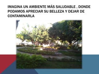 IMAGINA UN AMBIENTE MÁS SALUDABLE , DONDE
PODAMOS APRECIAR SU BELLEZA Y DEJAR DE
CONTAMINARLA
 