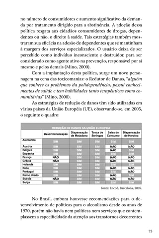 no número de consumidores e aumento significativo da demanda por tratamento dirigido para a abstinência. A adoção dessa
política resgata aos cidadãos consumidores de drogas, dependentes ou não, o direito à saúde. Tais estratégias também mostraram sua eficácia na adesão de dependentes que se mantinham
à margem dos serviços especializados. O usuário deixa de ser
percebido como indivíduo inconsciente e destruidor, para ser
considerado como agente ativo na prevenção, responsável por si
mesmo e pelos demais (Mino, 2000).
Com a implantação desta política, surge um novo personagem na cena das toxicomanias: o Redutor de Danos, “alguém
que conhece os problemas da polidependência, possui conhecimentos de saúde e tem habilidades tanto terapêuticas como comunitárias” (Mino, 2000).
As estratégias de redução de danos têm sido utilizadas em
vários países da União Européia (UE), observando-se, em 2005,
o seguinte o quadro:

Fonte: Encod, Barcelona, 2005.

No Brasil, embora houvesse recomendações para o desenvolvimento de políticas para o alcoolismo desde os anos de
1970, porém não havia nem políticas nem serviços que contemplassem a especificidade da atenção aos transtornos decorrentes
73

 