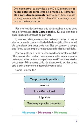 19
O tempo normal da gravidez é de 40 a 42 semanas e, se
nascer antes de completar pelo menos 37 semanas,
ela é considerada prematura. Isso quer dizer que ela
tem algumas características diferentes das crianças que
nascem no tempo certo.
Por isto, nos documentos que você recebeu na alta deve
ter a informação: Idade Gestacional ou IG, que significa a
quantidade de semanas de gravidez.
Quando a criança nasce antes do tempo certo, os profis-
sionaisdesaúdecontamaidadedeladeumjeitodiferenteaté
ela completar dois anos de idade. Eles descontam o tempo
que faltou para completar na gravidez da idade atual dela.
Por exemplo, se o bebê nasceu com Idade Gestacional de
30 semanas, eles contam que ele nasceu dez semanas antes
do tempo certo, que seria de pelo menos 40 semanas. Assim
descontam 10 semanas da idade quando vão avaliar como
está o crescimento e o desenvolvimento dela:
Como isto é feito?
Tempo certo de gravidez
menos a
Idade Gestacional
é igual ao
Tempo que precisa descontar
40 semanas – 30 semanas = 10 semanas
 