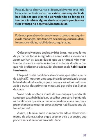 37
Para ajudar a observar se o desenvolvimento está indo
bem, é importante saber que existe uma sequência de
habilidades que elas vão aprendendo ao longo do
tempo e também alguns sinais aos quais precisamos
ficar atentos no desenvolvimento delas.
Podemosperceberodesenvolvimentocomoumasequên-
cia de mudanças, mas também de coisas que não mudam,
foram aprendidas, habilidades conquistadas.
O desenvolvimento engloba várias áreas, mas uma forma
de perceber todas integradas e como estão evoluindo é
acompanhar as capacidades que as crianças vão mos-
trando durante a realização das atividades do dia a dia,
que nós profissionais de saúde, chamamos de habilidades
funcionais.
Os quadros das habilidades funcionais, que estão a partir
dapágina57,mostramumasequênciadeaprendizadodestas
habilidades do dia a dia, e que a criança vai adquirindo uma
após a outra, dos primeiros meses até por volta dos 3 anos
de idade.
Você pode anotar a idade de sua criança quando ela
conseguir cada habilidade, ou escolher uma cor e ir pintando
as habilidades que ela já tem nos quadros, e aos poucos ir
preenchendo com outras cores as novas habilidades que ela
for adquirindo…
Assim, a família pode ir acompanhando o desenvolvi-
mento da criança, saber o que esperar dela e aspectos que
podem ser estimulados em cada idade.
 