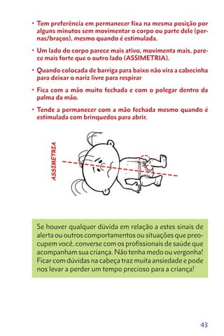 43
•	 Tem preferência em permanecer fixa na mesma posição por
alguns minutos sem movimentar o corpo ou parte dele (per-
nas/braços), mesmo quando é estimulada.
•	 Um lado do corpo parece mais ativo, movi­menta mais, pare-
ce mais forte que o outro lado (ASSIME­TRIA).
•	 Quando colocada de barriga para baixo não vira a cabecinha
para deixar o nariz livre para respirar
•	 Fica com a mão muito fechada e com o polegar dentro da
palma da mão.
•	 Tende a permanecer com a mão fechada mesmo quando é
estimulada com brinquedos para abrir.
Se houver qualquer dúvida em relação a estes sinais de
alerta ou outros comportamentos ou situações que preo-
cupem você, converse com os profissionais de saúde que
acompanham sua criança. Não tenha medo ou vergonha!
Ficar com dúvidas na cabeça traz muita ansiedade e pode
nos levar a perder um tempo precioso para a criança!
 