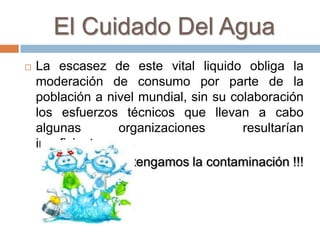 El Cuidado Del Agua
 La escasez de este vital liquido obliga la
moderación de consumo por parte de la
población a nivel mundial, sin su colaboración
los esfuerzos técnicos que llevan a cabo
algunas organizaciones resultarían
insuficientes.
Detengamos la contaminación !!!
 