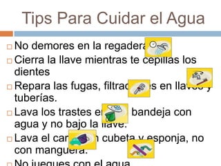 Tips Para Cuidar el Agua
 No demores en la regadera
 Cierra la llave mientras te cepillas los
dientes
 Repara las fugas, filtraciones en llaves y
tuberías.
 Lava los trastes en una bandeja con
agua y no bajo la llave.
 Lava el carro con cubeta y esponja, no
con manguera.
 