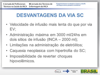 DESVANTAGENS DA VIA SC
• Velocidade de infusão mais lenta do que por via
EV;
• Administração máxima em 3000 ml/24hs em
dois sítios de infusão (INCA – 2000 ml);
• Limitações na administração de eletrólitos;
• Caquexia neoplasica com hipertrofia do SC;
• Impossibilidade de reverter choques
hipovolêmicos.
 