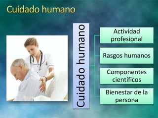 Cuidadohumano
Actividad
profesional
Rasgos humanos
Componentes
científicos
Bienestar de la
persona
 