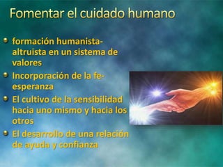 formación humanista-
altruista en un sistema de
valores
Incorporación de la fe-
esperanza
El cultivo de la sensibilidad
hacia uno mismo y hacia los
otros
El desarrollo de una relación
de ayuda y confianza
 