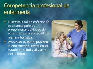 El profesional de enfermería
es el encargado de
proporcionar cuidados de
enfermería a la sociedad de
manera holística
Promover la salud, prevenir
la enfermedad, restaurar el
estado de salud y aliviar el
sufrimiento
 