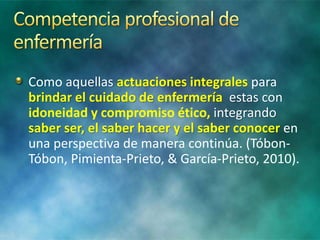 Como aquellas actuaciones integrales para
brindar el cuidado de enfermería estas con
idoneidad y compromiso ético, integrando
saber ser, el saber hacer y el saber conocer en
una perspectiva de manera continúa. (Tóbon-
Tóbon, Pimienta-Prieto, & García-Prieto, 2010).
 