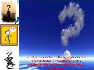    ¿Qué puedo hacer?La reducción de la huella ecológica es una tarea de todos. Tú también puedes colaborar con tu granito de arena para conseguirlo.