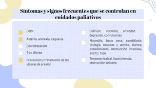 Síntomas y signos frecuentes que se controlan en
cuidados paliativos
Deshidratacion
Tos, disnea
Prevención y tratamiento de las
ulceras de presión
Tenesmo vesical, incontinencia,
obstrucción urinaria
Dolor
Astenia, anorexia, caquexia
Delirium, insomnio, ansiedad,
depresión, convulsiones
Mucositis, boca seca, candidiasis,
disfagia, nauseas y vómito, diarrea,
estreñimiento, obstrucción intestinal,
ascitis, hipo
 