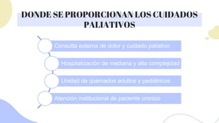 DONDE SE PROPORCIONAN LOS CUIDADOS
PALIATIVOS
Consulta externa de dolor y cuidado paliativo
Hospitalización de mediana y alta complejidad
Unidad de quemados adultos y pediátricos
Atención institucional de paciente crónico
 